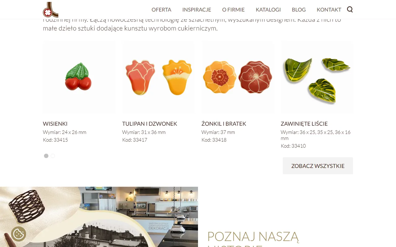Katalog dekoracji czekoladowych z wymiarami i kodami produktów