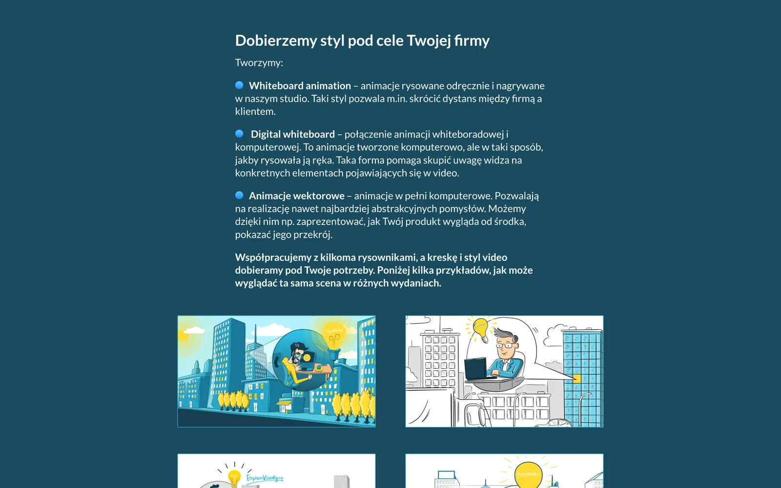 Sekcja prezentująca style materiałów Explain Visually