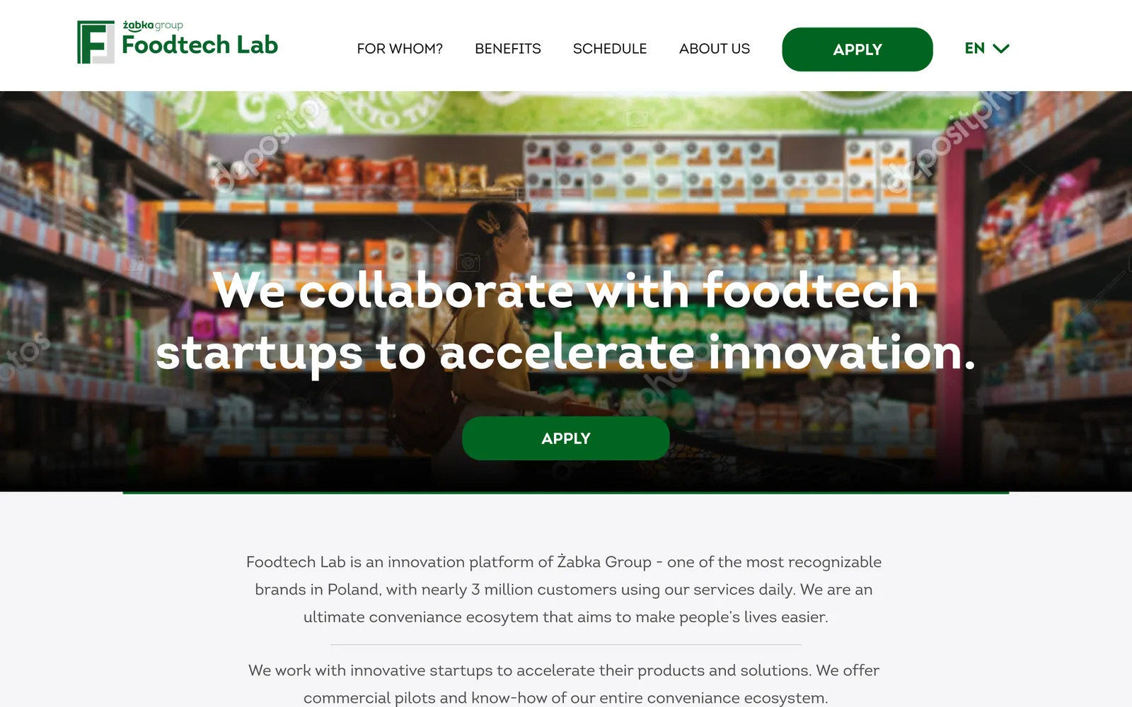 Górna część landing page programu Foodtech Lab